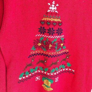 Vintage Hand Embroidered Christmas Tree Sweater Needle Point Holiday Cable Knit